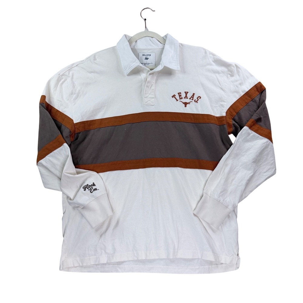 Mens Large Hollister Texas Longhorns Rugby Shirt Cotton White Orange Polo Shirt